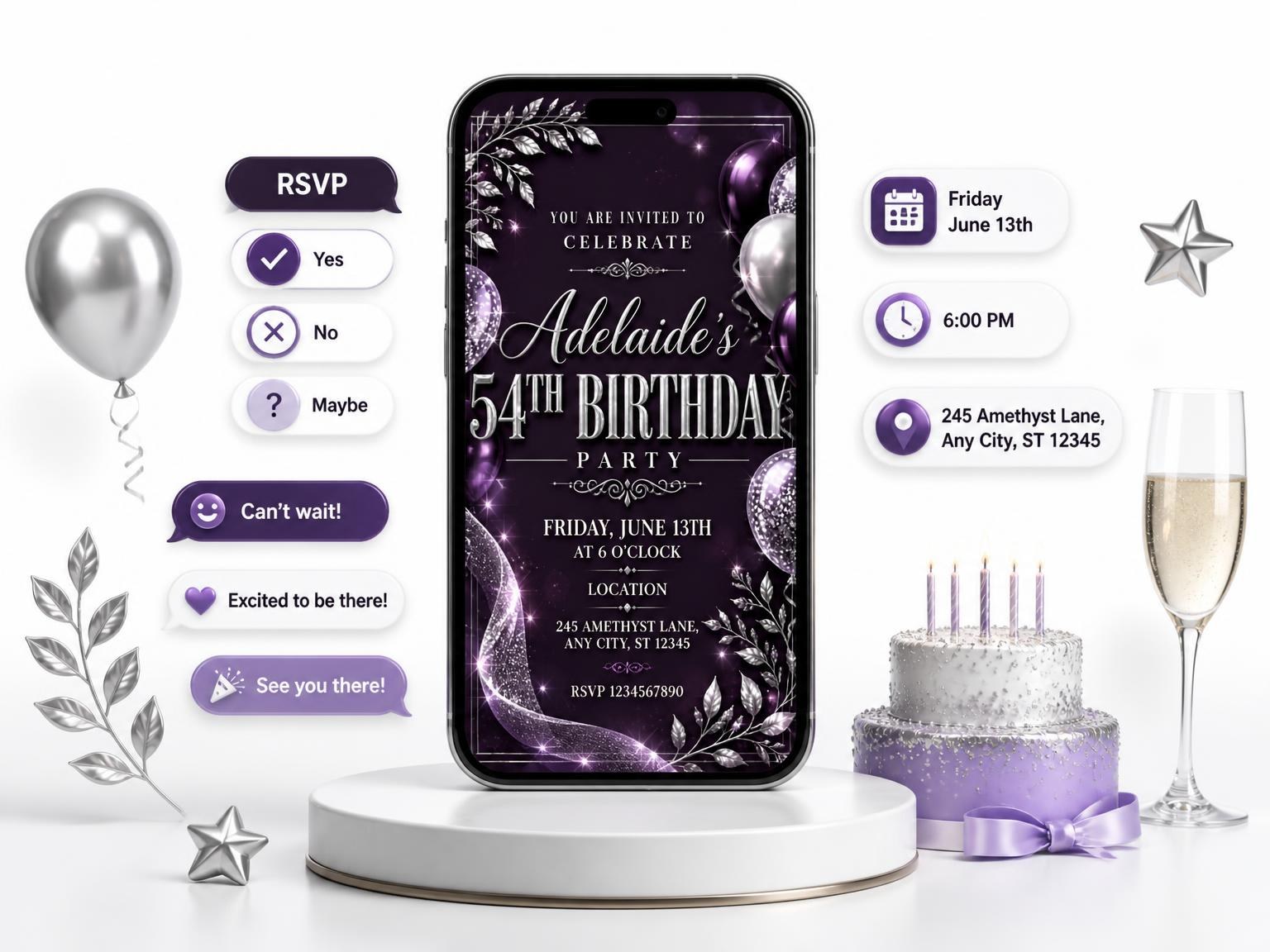 The Plum and Silver 54th Birthday Invitation invitation on a phone, with guest RSVPs arriving around it