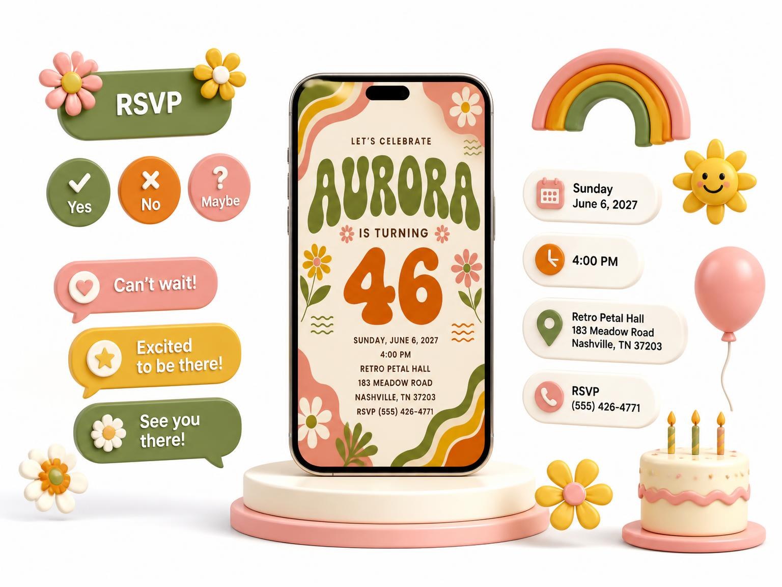 The Groovy Retro 46th Birthday Invitation invitation on a phone, with guest RSVPs arriving around it