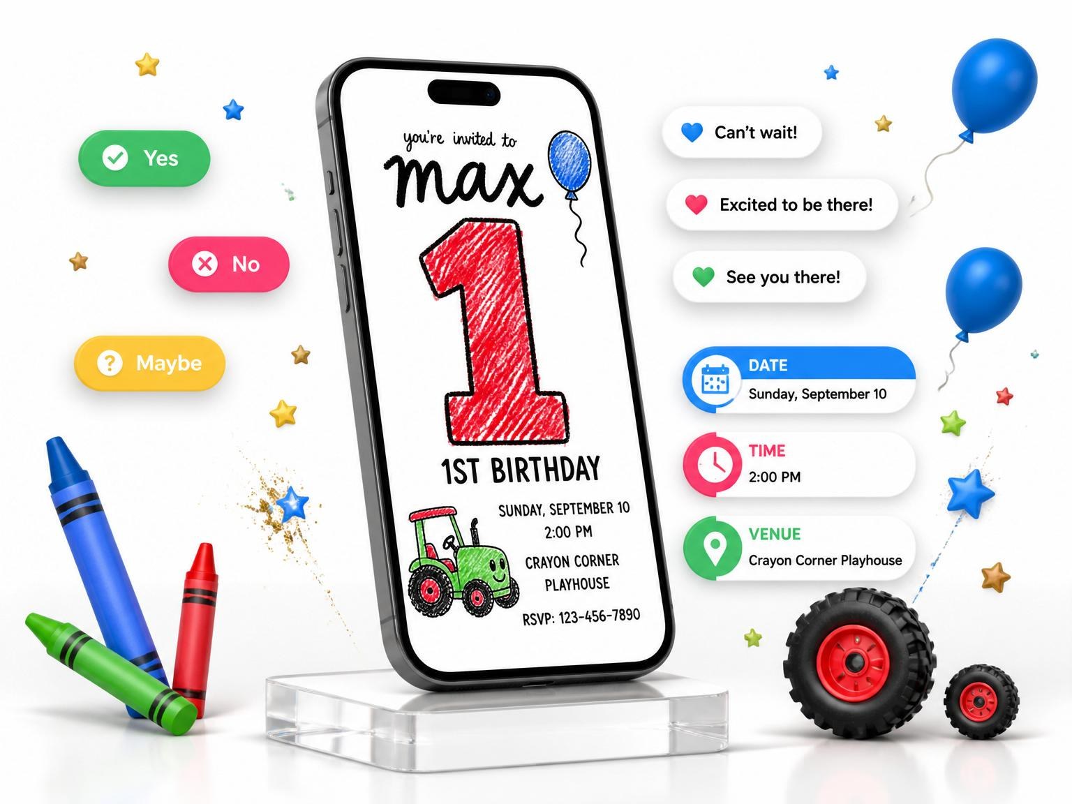 The Crayon Tractor First Birthday Invitation invitation on a phone, with guest RSVPs arriving around it