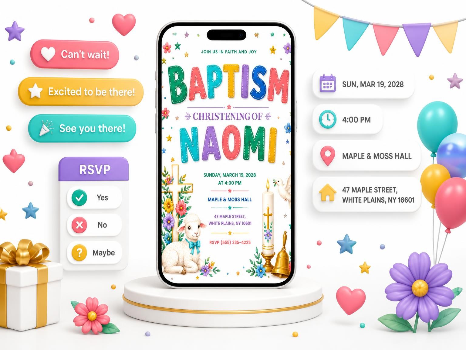 The Little Lamb Baptism Invitation invitation on a phone, with guest RSVPs arriving around it