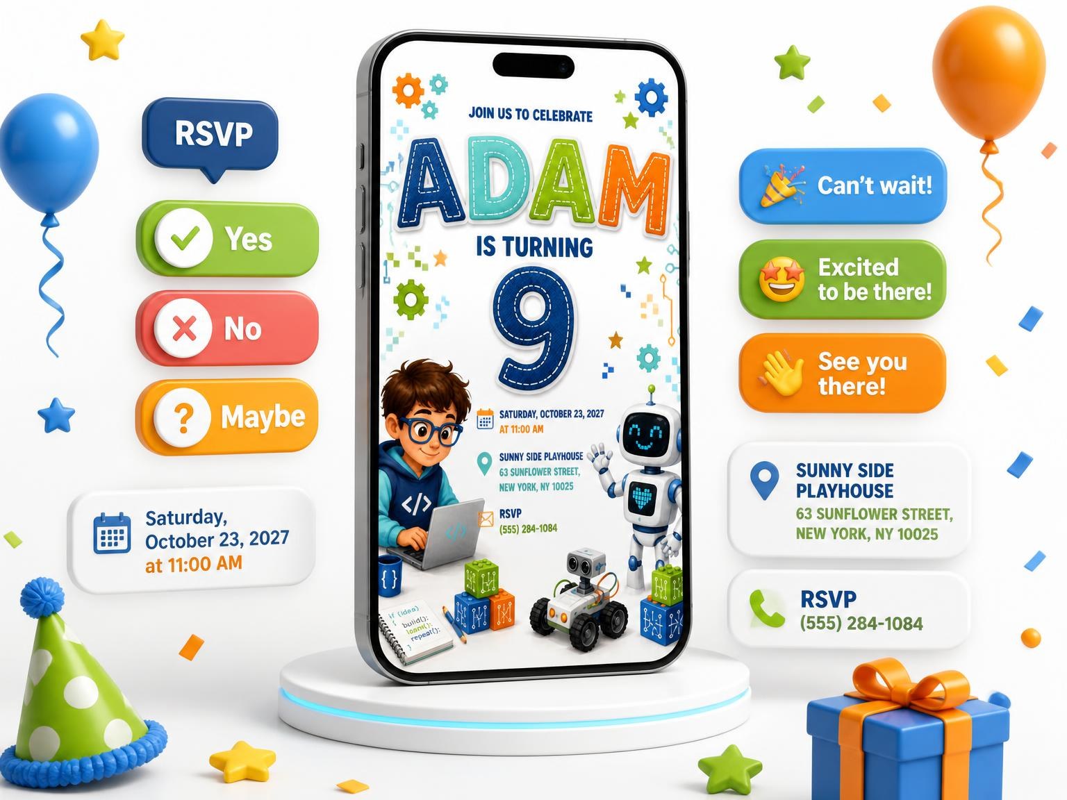 The Humanoid Robot Stitched 9th Birthday Invitation invitation on a phone, with guest RSVPs arriving around it