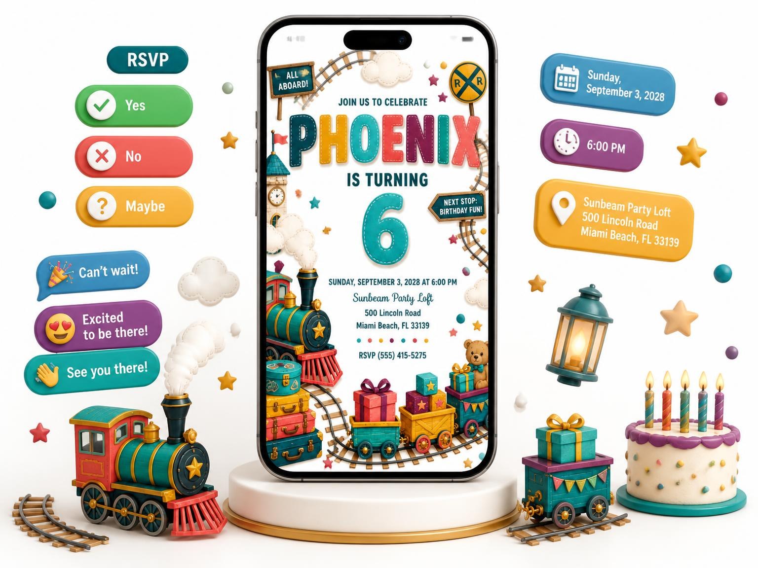 The Stitched Train 6th Birthday Invitation invitation on a phone, with guest RSVPs arriving around it
