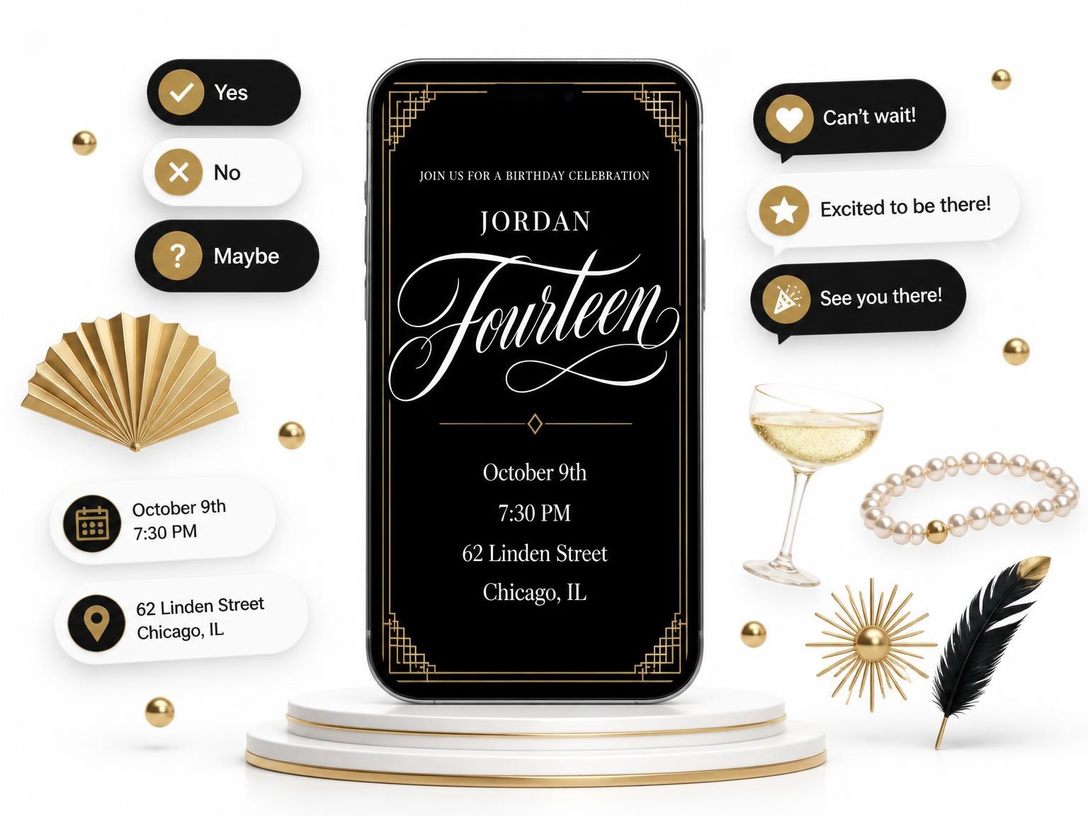 The Art Deco 14th Birthday Invitation invitation on a phone, with guest RSVPs arriving around it