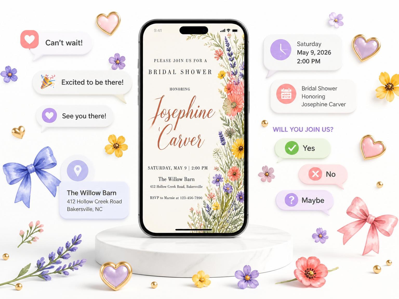 The Watercolor Wildflower Botanical Bridal Shower invitation on a phone, with guest RSVPs arriving around it