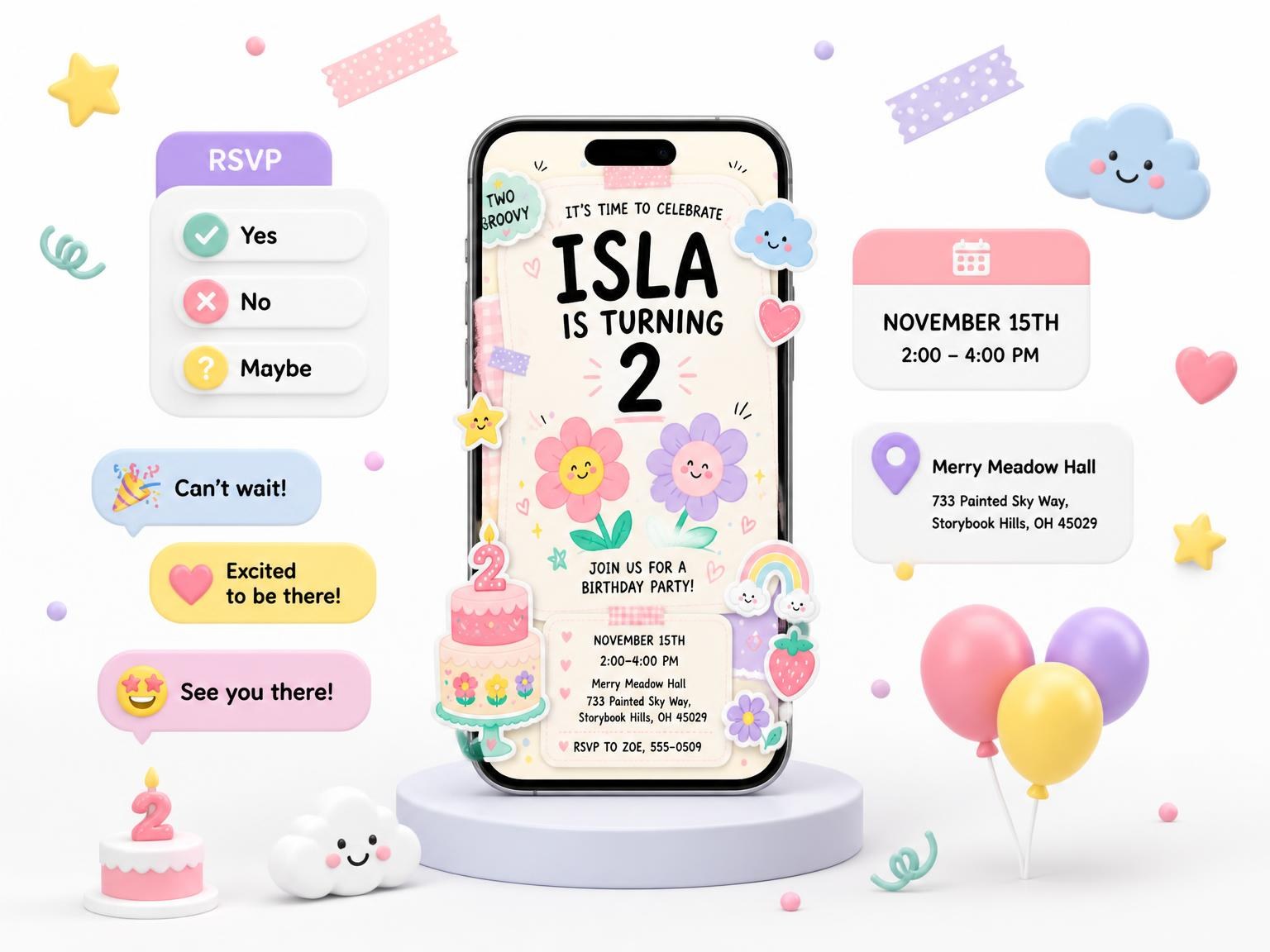 The Daisy Flowers Pastel 2nd Birthday Invitation invitation on a phone, with guest RSVPs arriving around it