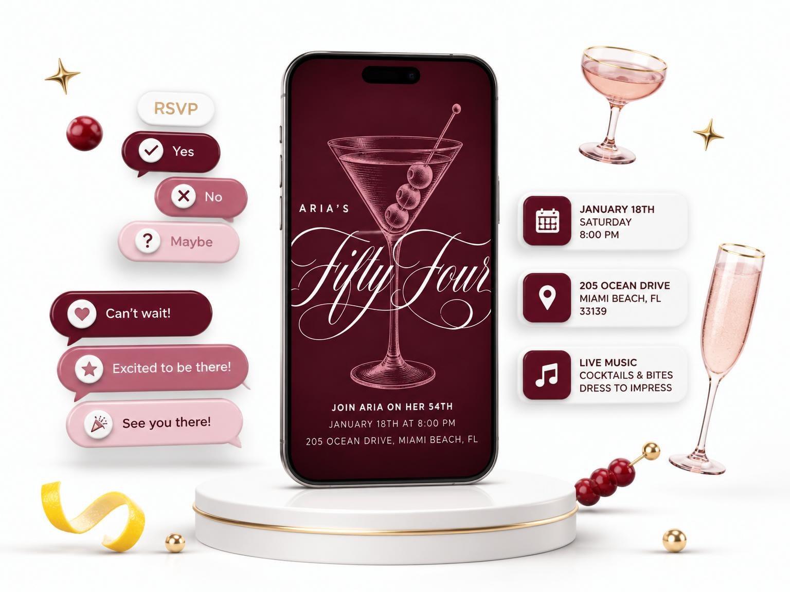 The Burgundy Cocktail 54th Birthday Invitation invitation on a phone, with guest RSVPs arriving around it