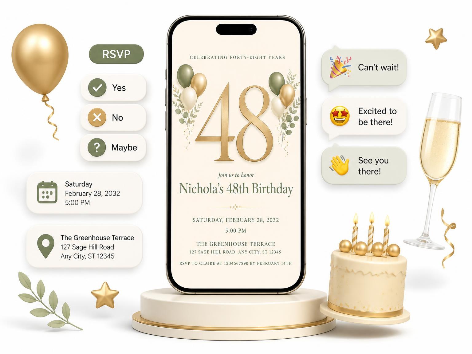 The Sage and Ivory 48th Birthday Invitation invitation on a phone, with guest RSVPs arriving around it