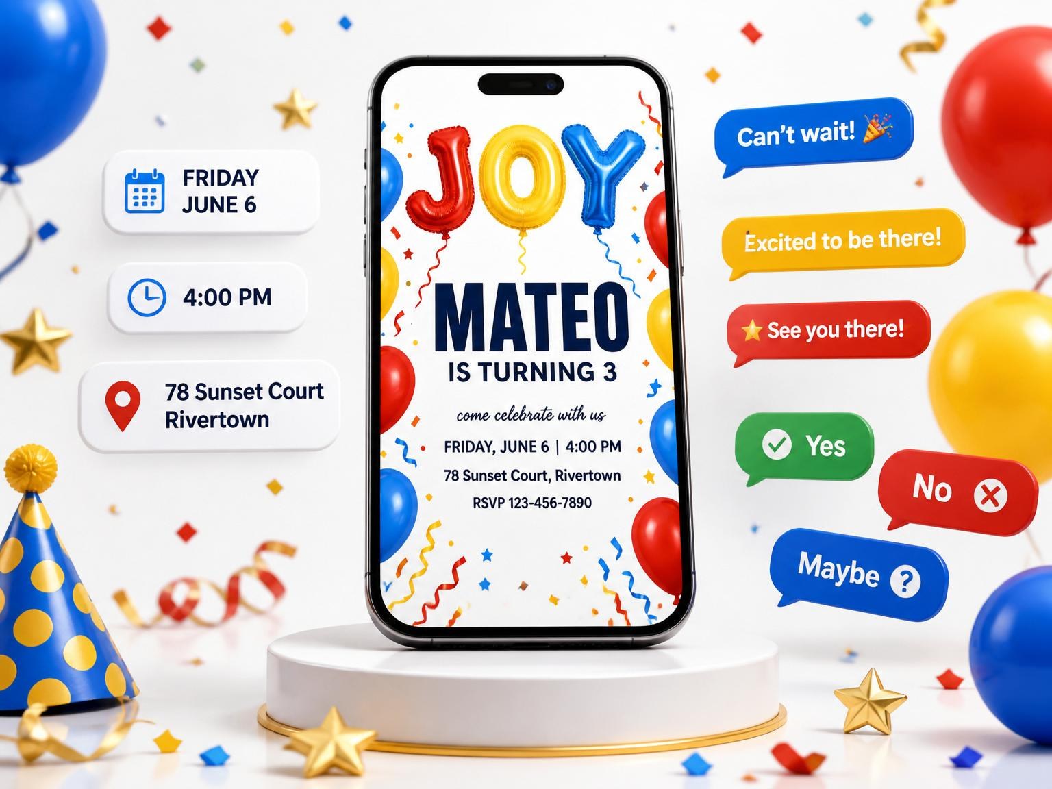 The Primary Foil Balloon 3rd Birthday Invitation invitation on a phone, with guest RSVPs arriving around it