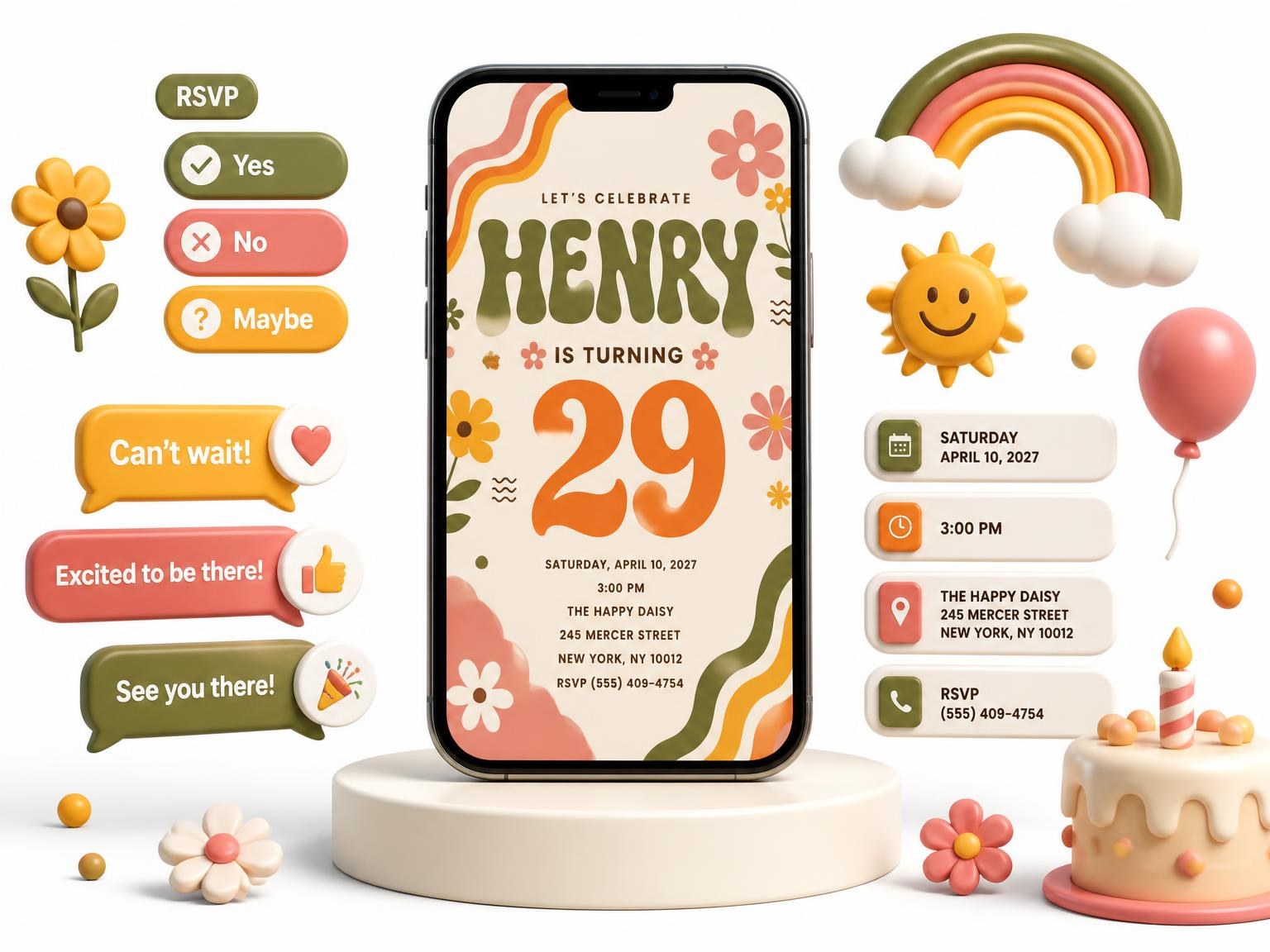 The Groovy Retro 29th Birthday Invitation invitation on a phone, with guest RSVPs arriving around it