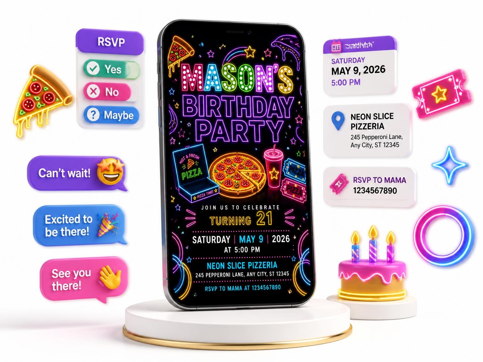 The Neon Pizza 21st Birthday Invitation invitation on a phone, with guest RSVPs arriving around it