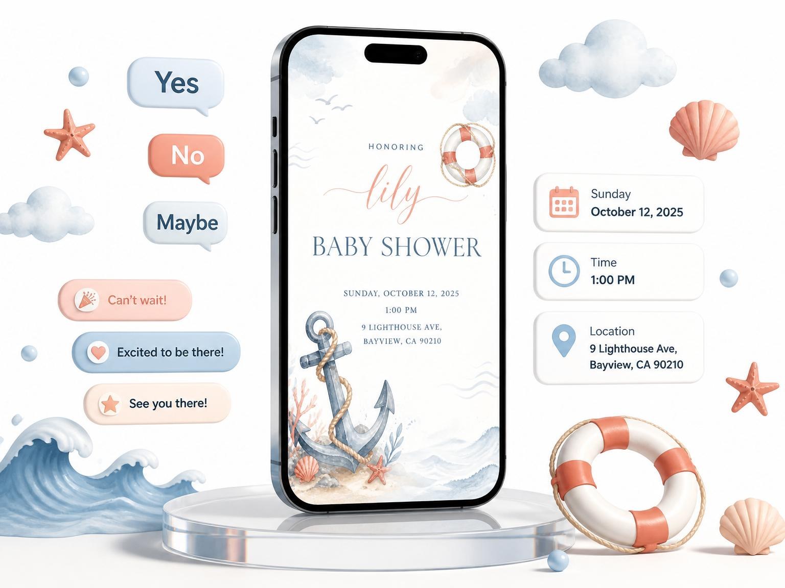 The Pastel Nautical Watercolor Baby Shower invitation on a phone, with guest RSVPs arriving around it