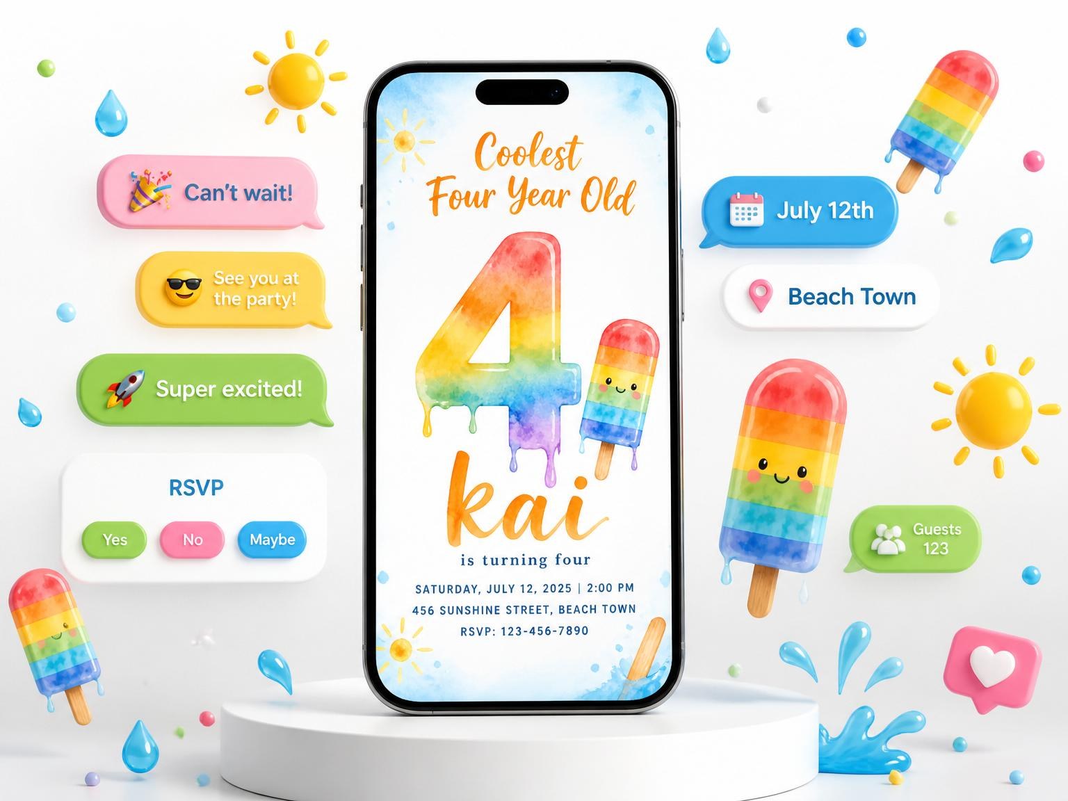 The Rainbow Popsicle Summer 4th Birthday invitation on a phone, with guest RSVPs arriving around it