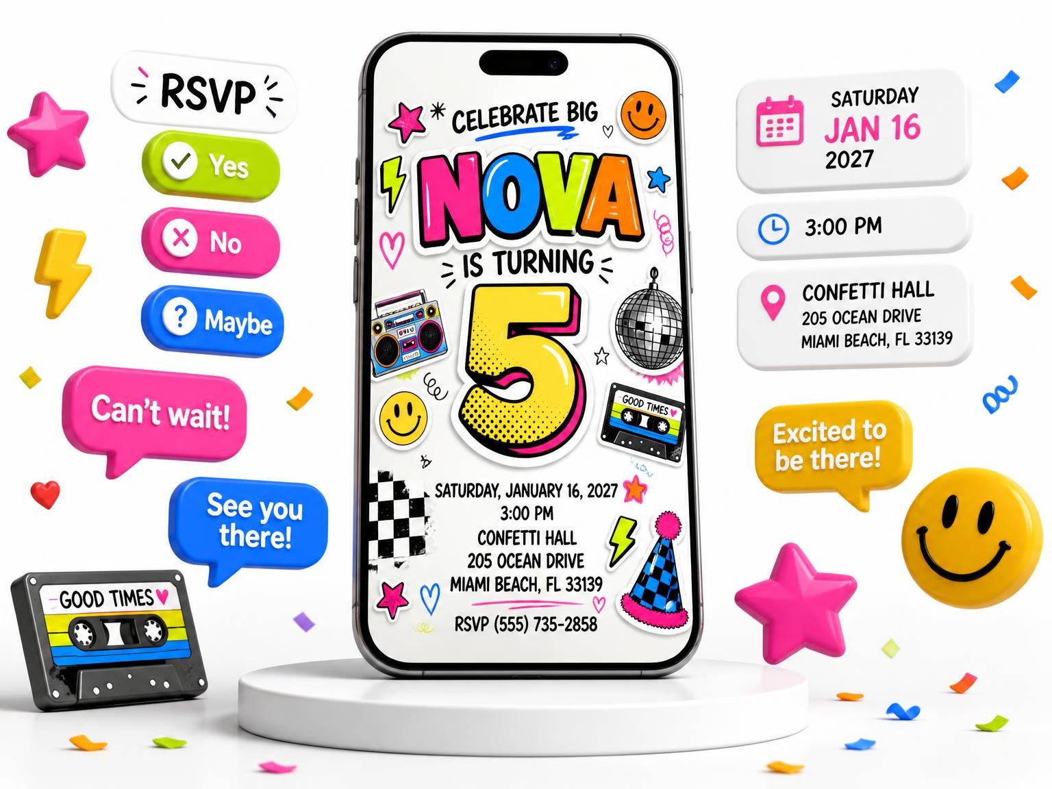 The Sticker Pop 5th Birthday Invitation invitation on a phone, with guest RSVPs arriving around it