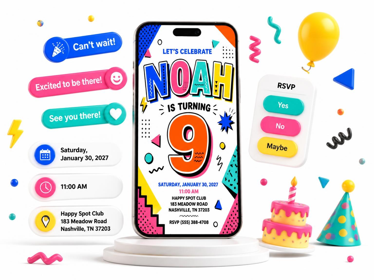 The Memphis Pop 9th Birthday Invitation invitation on a phone, with guest RSVPs arriving around it
