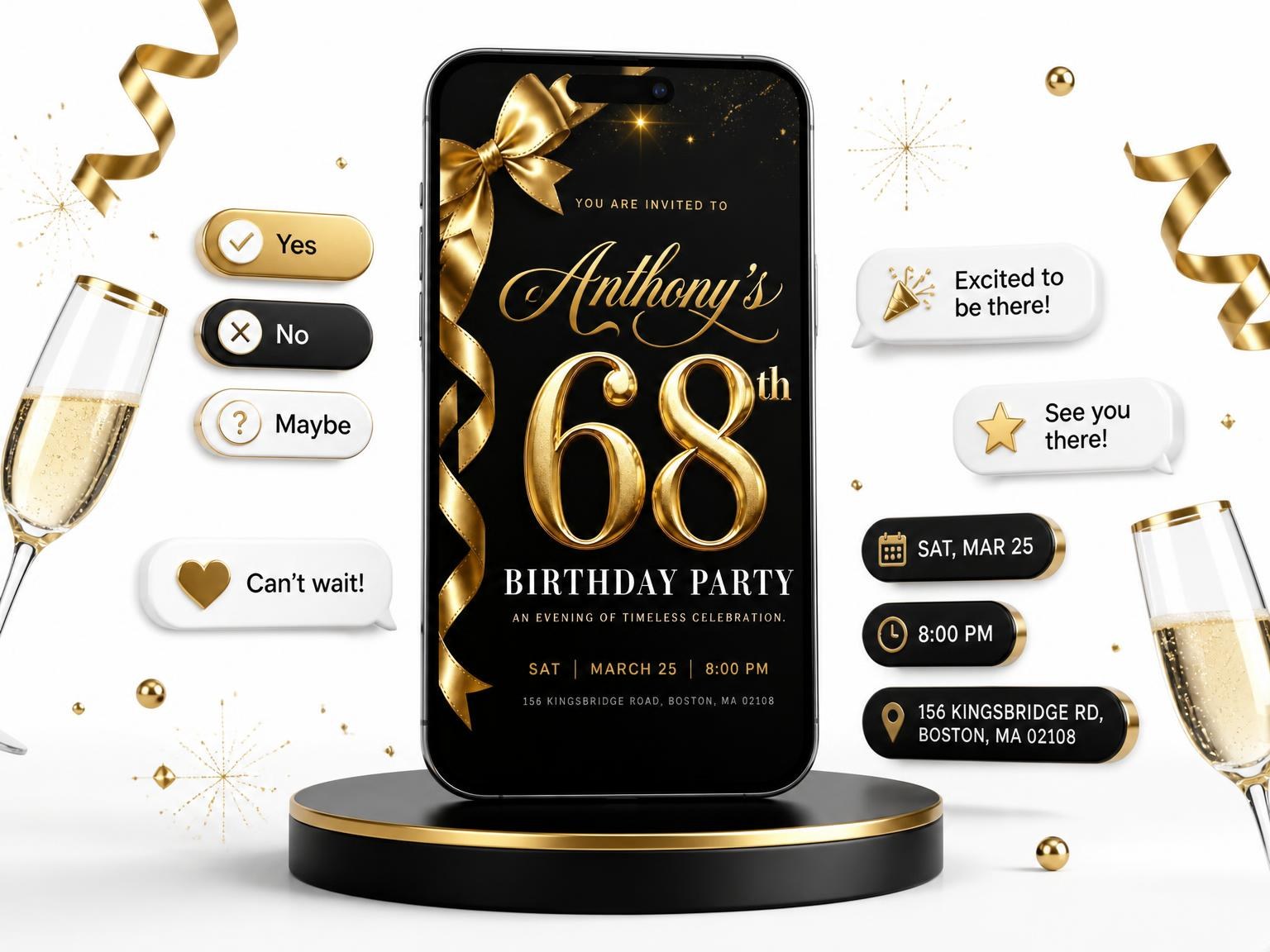 The Black and Gold Ribbon 68th Birthday invitation on a phone, with guest RSVPs arriving around it