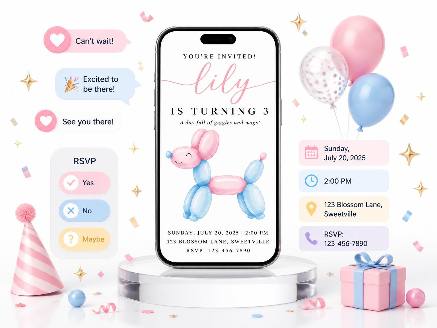 The Cute Dog Themed 3rd Birthday Invitation invitation on a phone, with guest RSVPs arriving around it