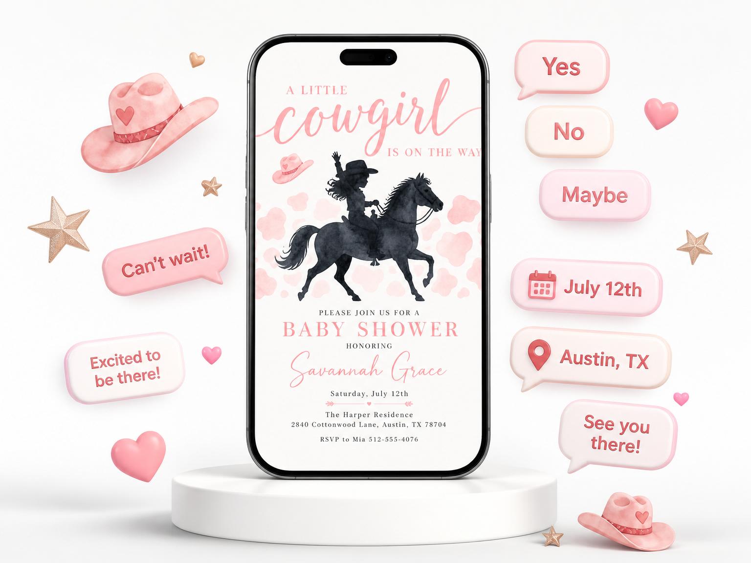 The Little Pink Cowgirl Baby Shower invitation on a phone, with guest RSVPs arriving around it