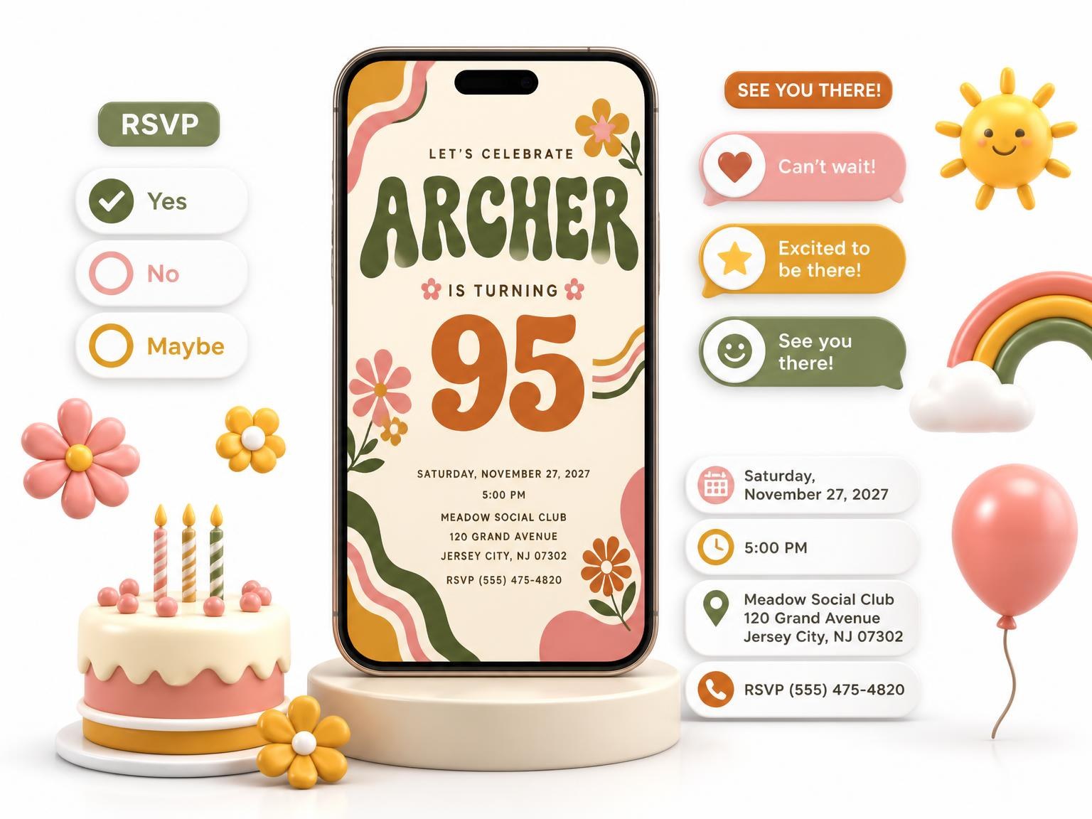 The Groovy Retro 95th Birthday Invitation invitation on a phone, with guest RSVPs arriving around it