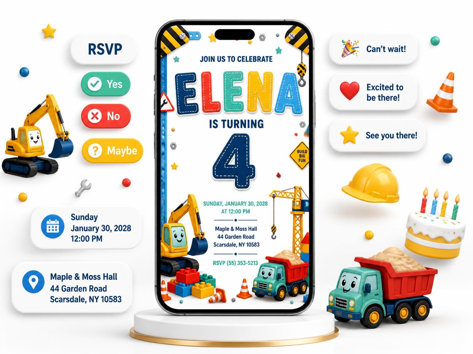 The Stitched Construction 4th Birthday Invitation invitation on a phone, with guest RSVPs arriving around it