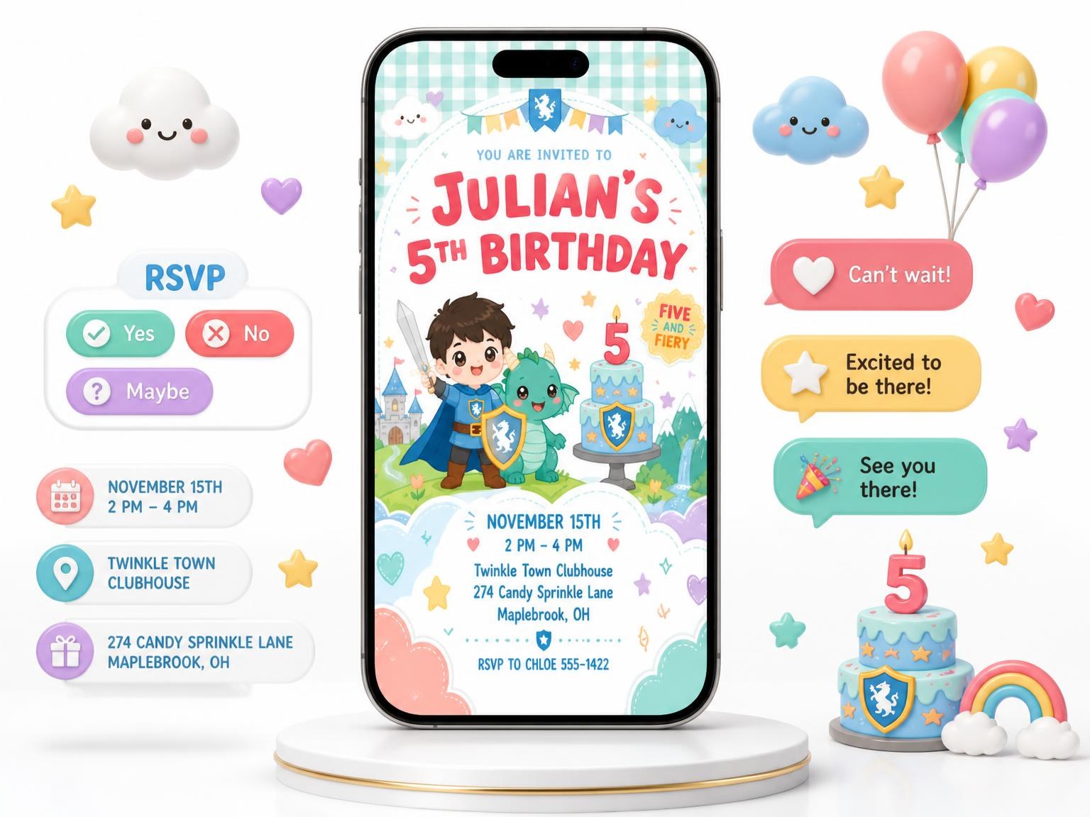 The Knight Kawaii Pastel 5th Birthday Invitation invitation on a phone, with guest RSVPs arriving around it