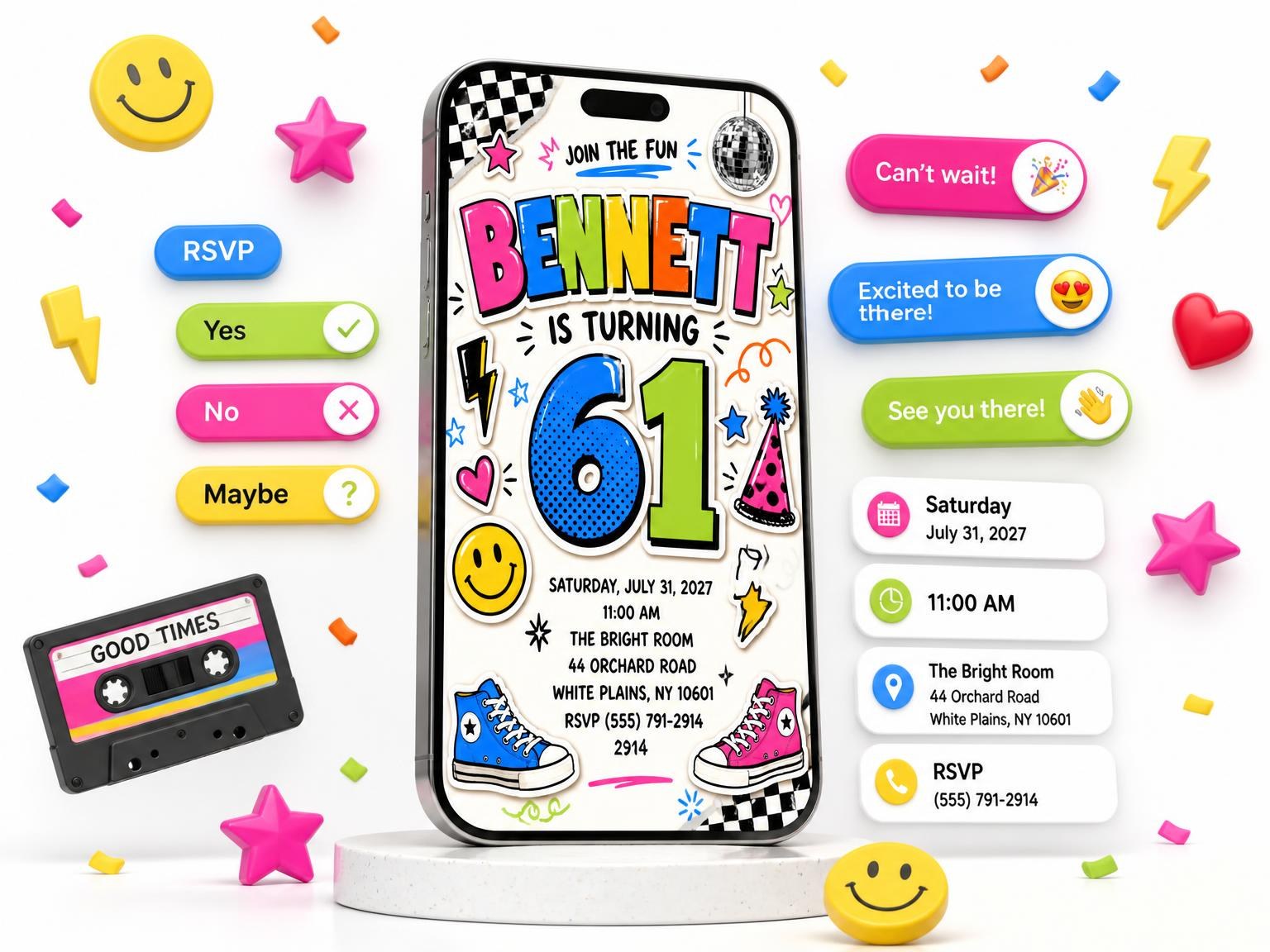 The Sticker Pop 61st Birthday Invitation invitation on a phone, with guest RSVPs arriving around it