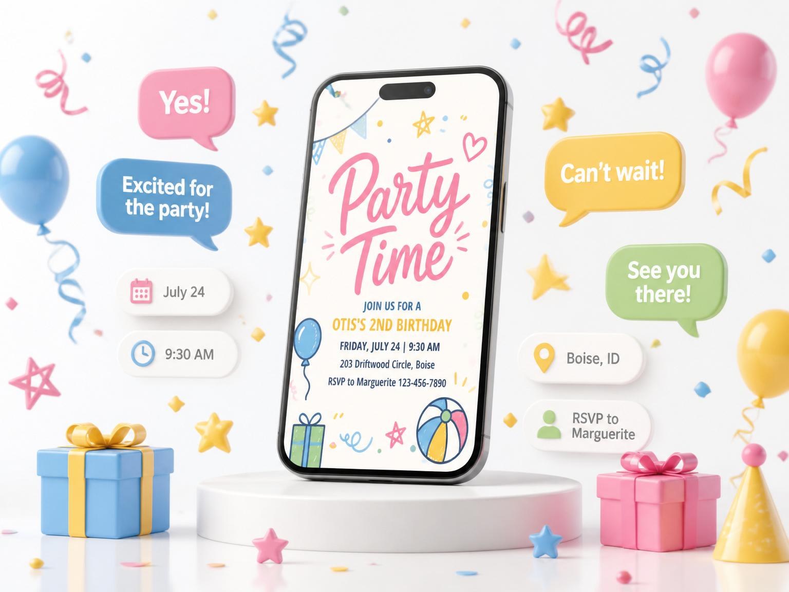 The Pastel Hand-Drawn Icon 2nd Birthday Invitation invitation on a phone, with guest RSVPs arriving around it