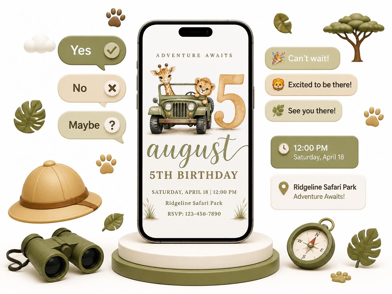 The Watercolor Safari Jeep 5th Birthday invitation on a phone, with guest RSVPs arriving around it