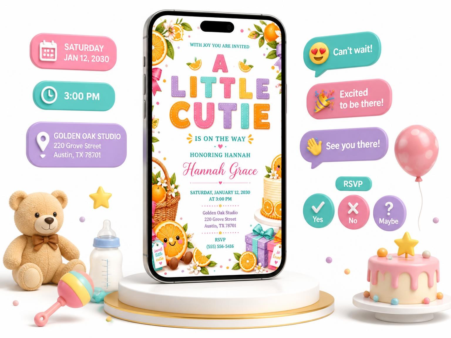 The Citrus Baby Shower Invitation invitation on a phone, with guest RSVPs arriving around it