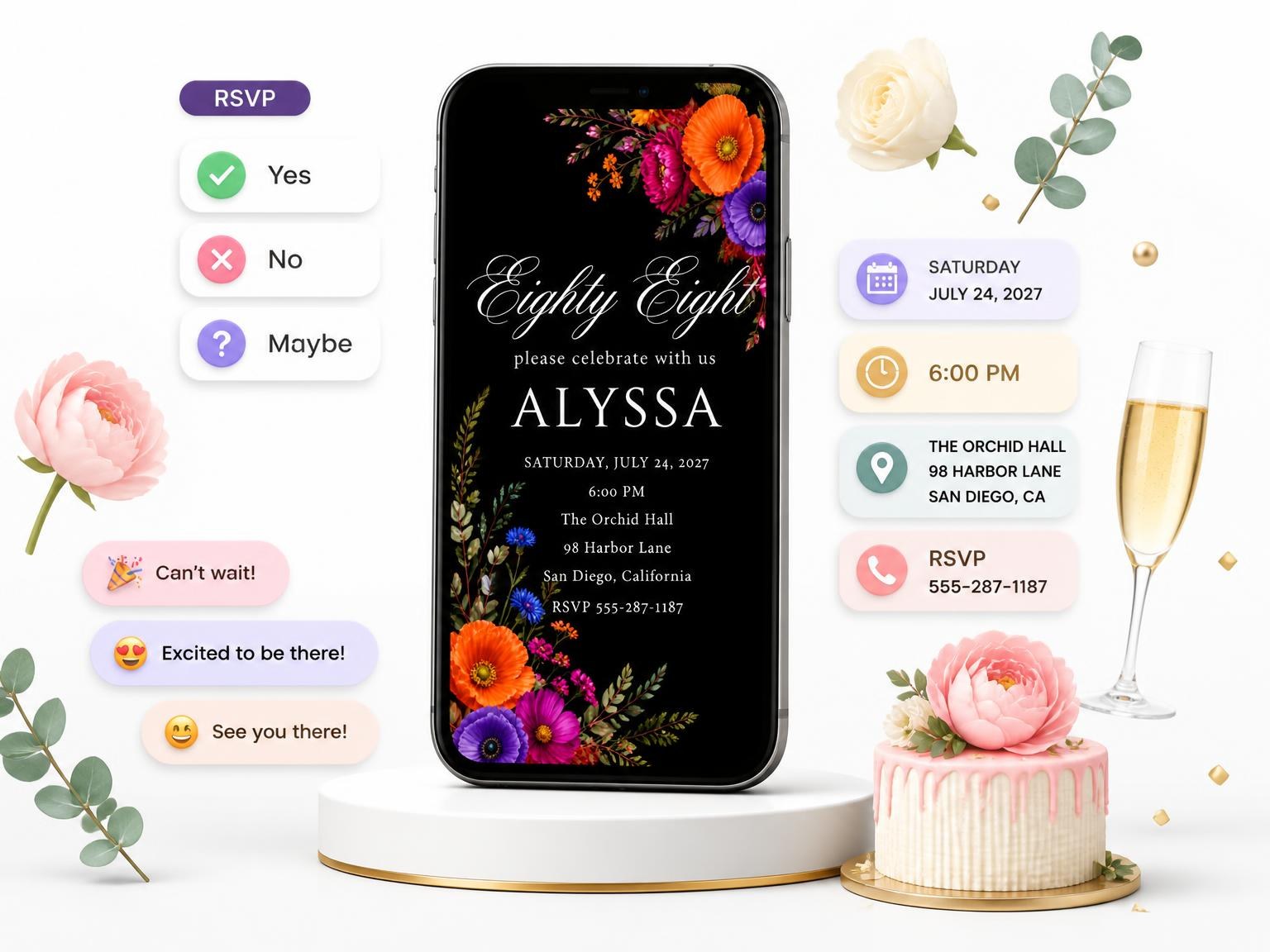 The Black Floral 88th Birthday Invitation invitation on a phone, with guest RSVPs arriving around it