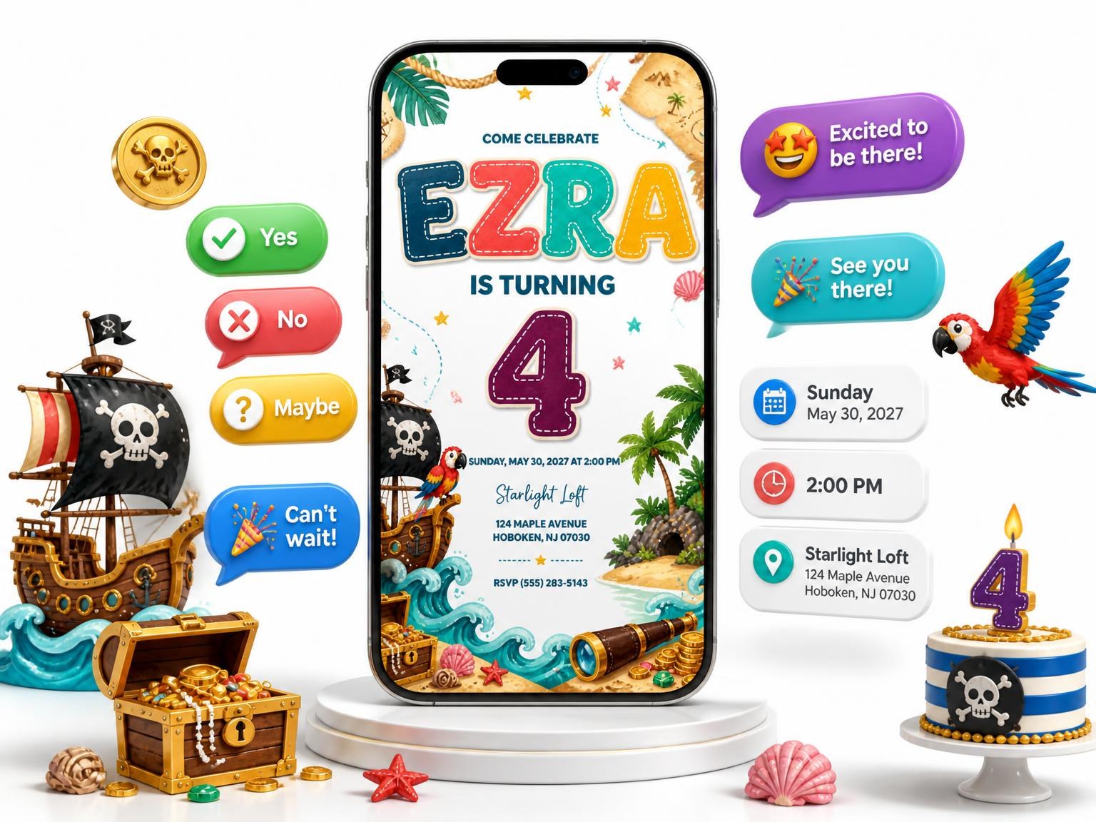 The Pirate Adventure 4th Birthday Invitation invitation on a phone, with guest RSVPs arriving around it