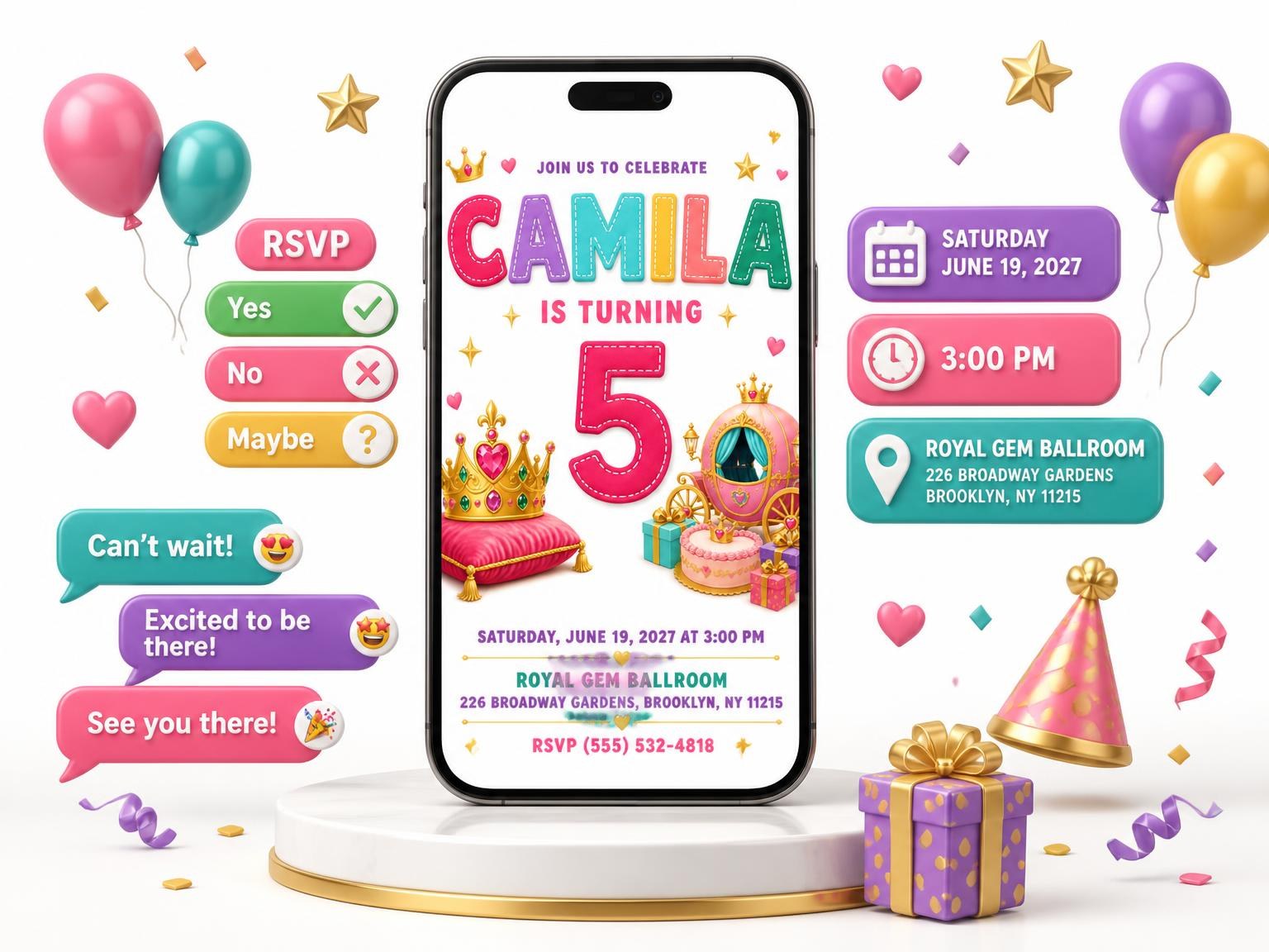 The Princess Carriage 5th Birthday Invitation invitation on a phone, with guest RSVPs arriving around it
