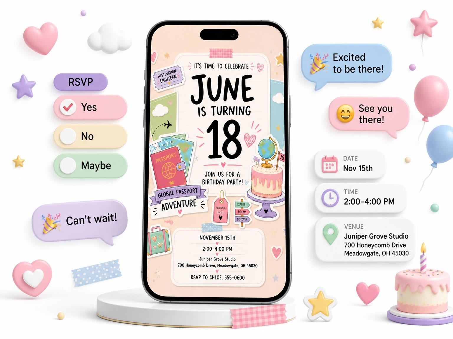 The Boarding Passes Pastel 18th Birthday Invitation invitation on a phone, with guest RSVPs arriving around it