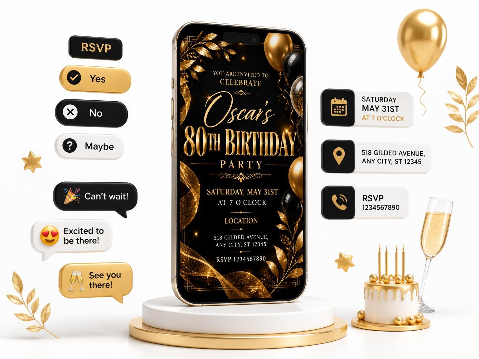 The Black and Gold 80th Birthday Invitation invitation on a phone, with guest RSVPs arriving around it