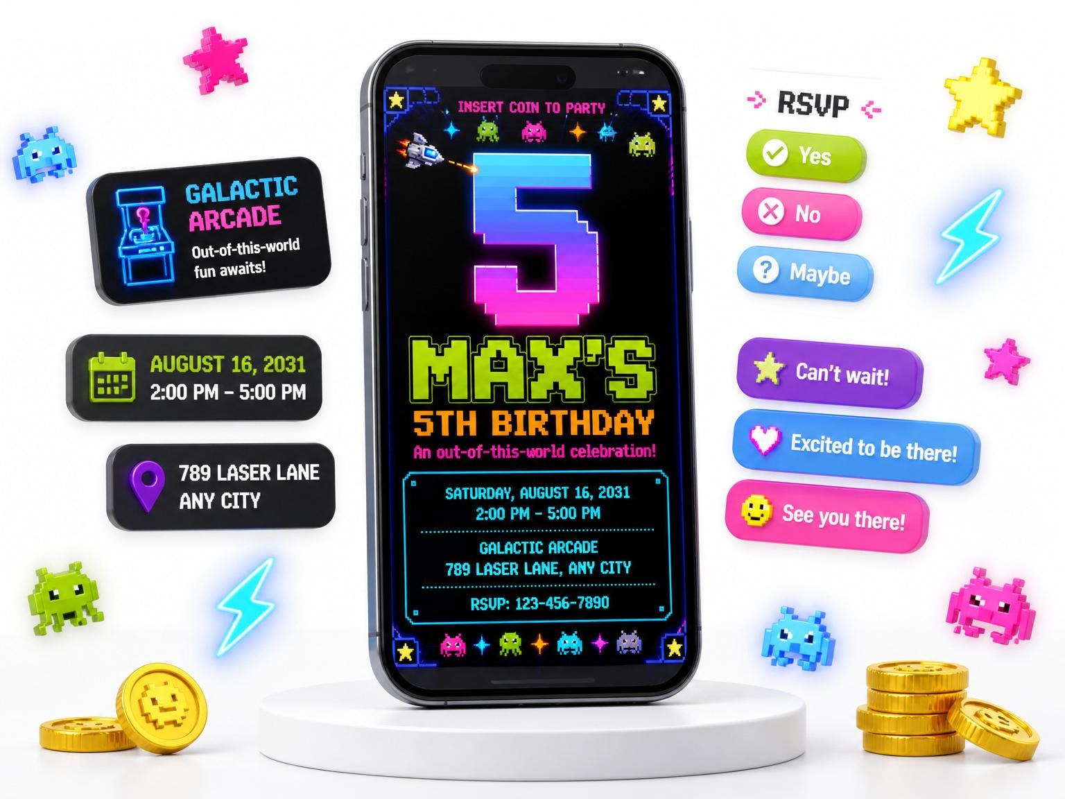 The Neon Pixel Space 5th Birthday invitation on a phone, with guest RSVPs arriving around it