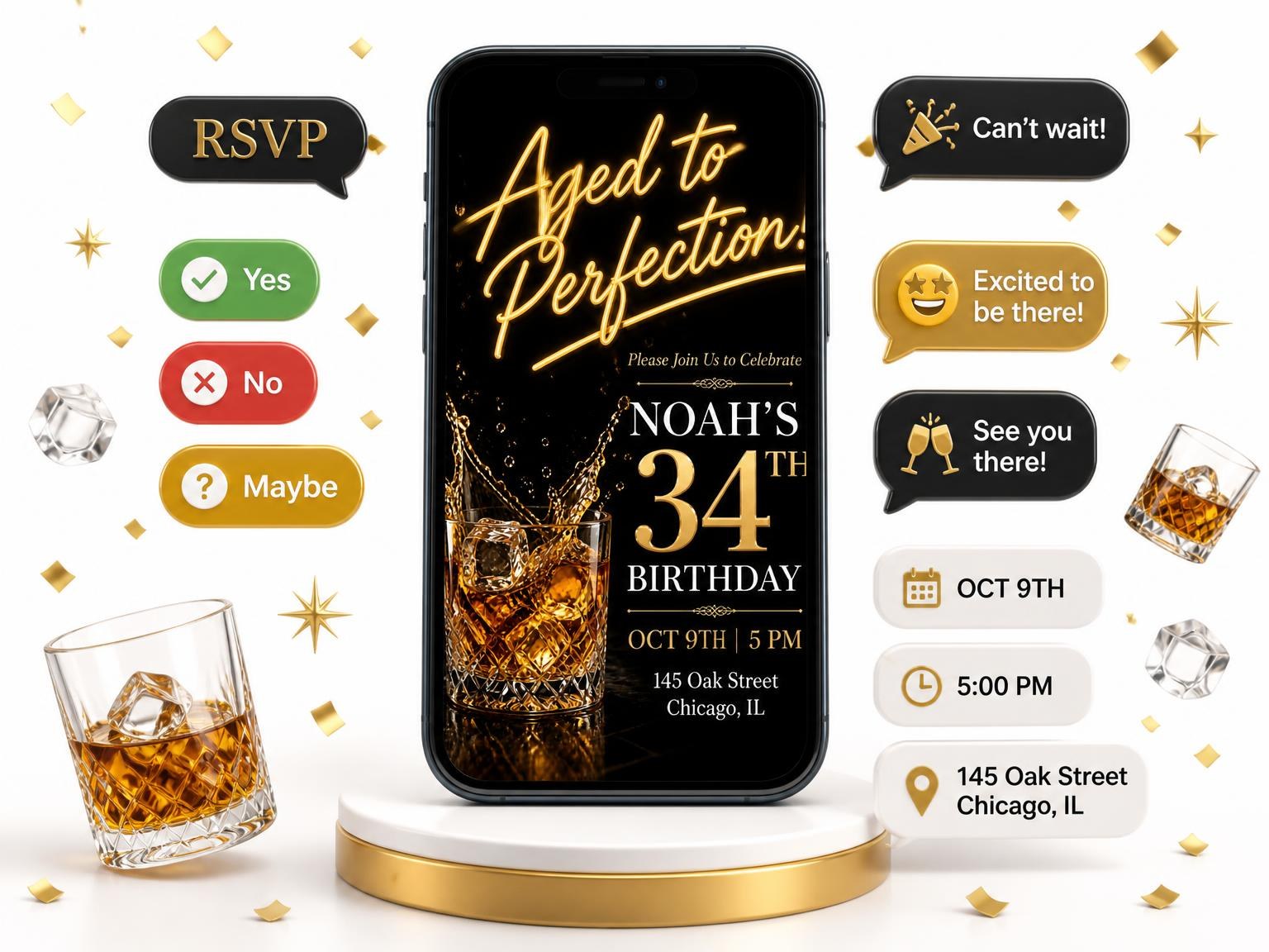 The Crystal Whiskey 34th Birthday Invitation invitation on a phone, with guest RSVPs arriving around it