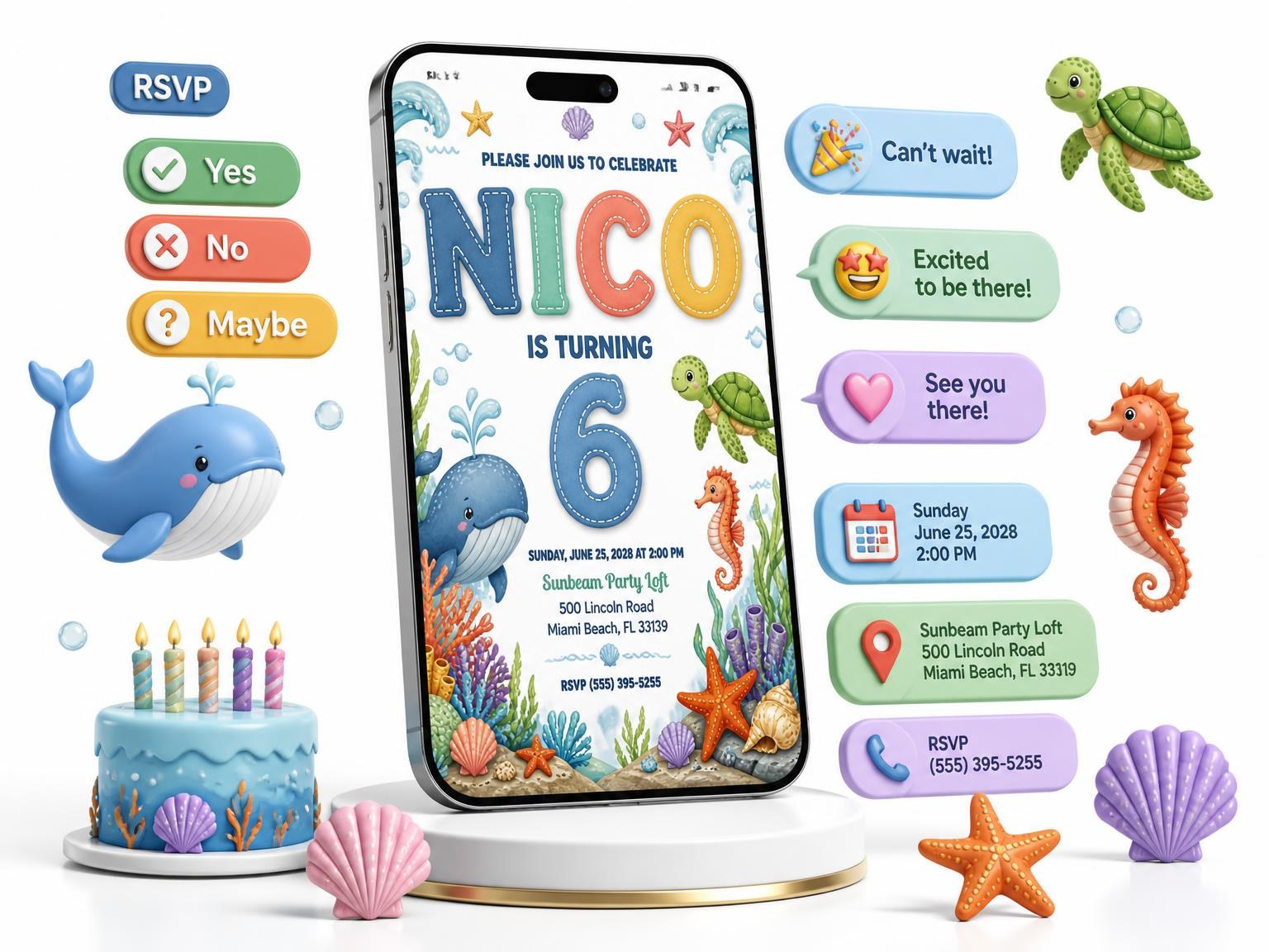 The Stitched Under the Sea 6th Birthday Invitation invitation on a phone, with guest RSVPs arriving around it