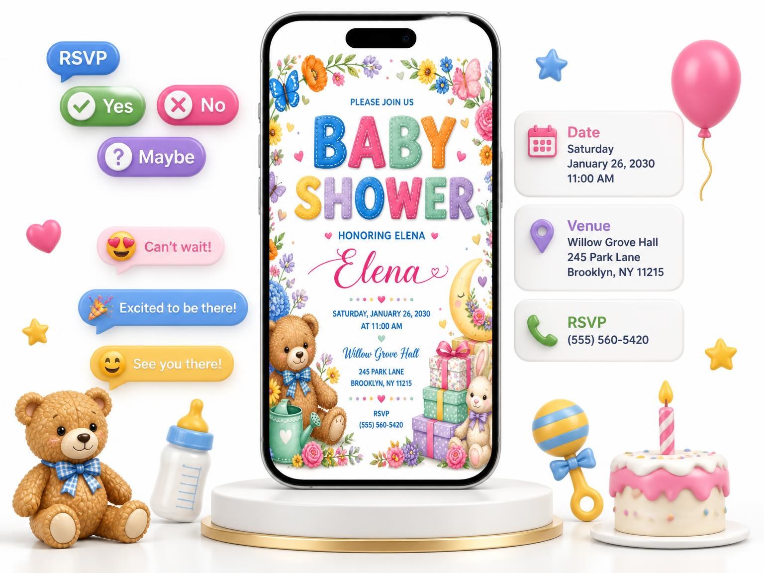 The Floral Butterfly Baby Shower Invitation invitation on a phone, with guest RSVPs arriving around it