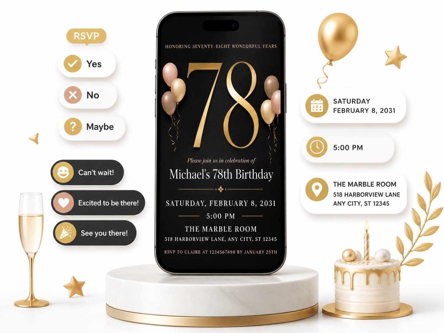 The Charcoal and Blush 78th Birthday Invitation invitation on a phone, with guest RSVPs arriving around it