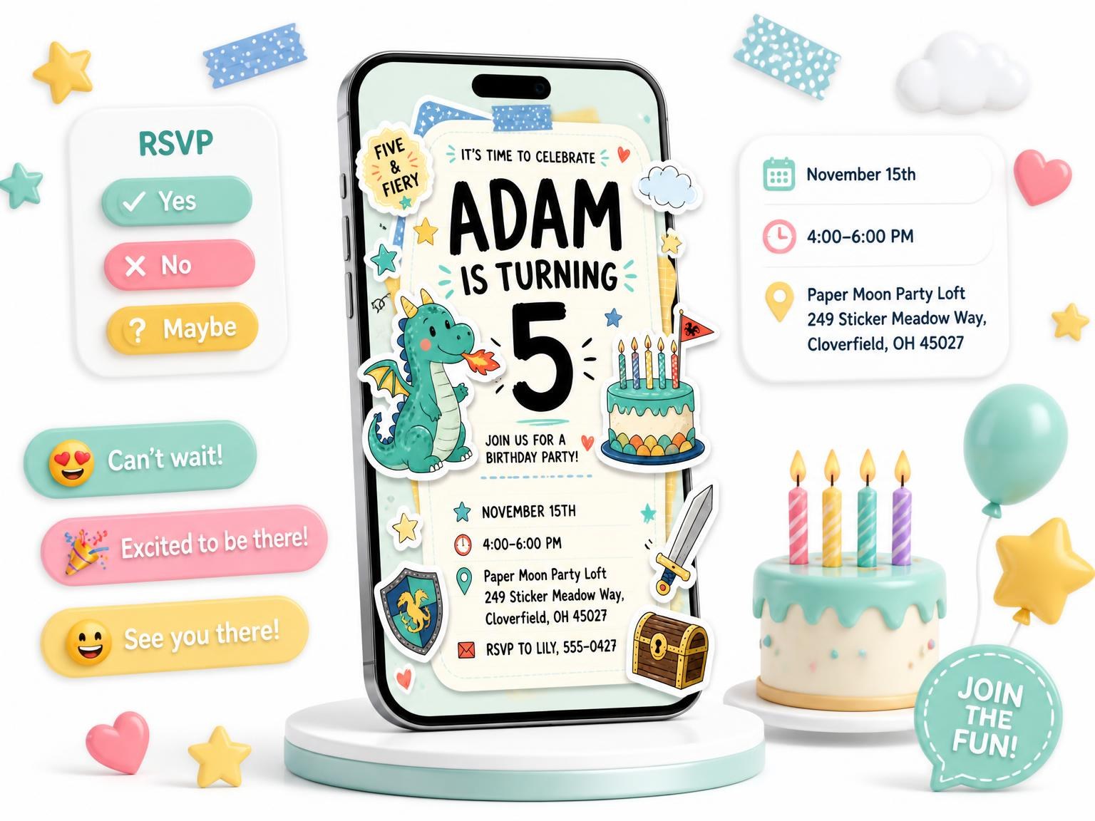 The Dragon Pastel Scrapbook 5th Birthday Invitation invitation on a phone, with guest RSVPs arriving around it