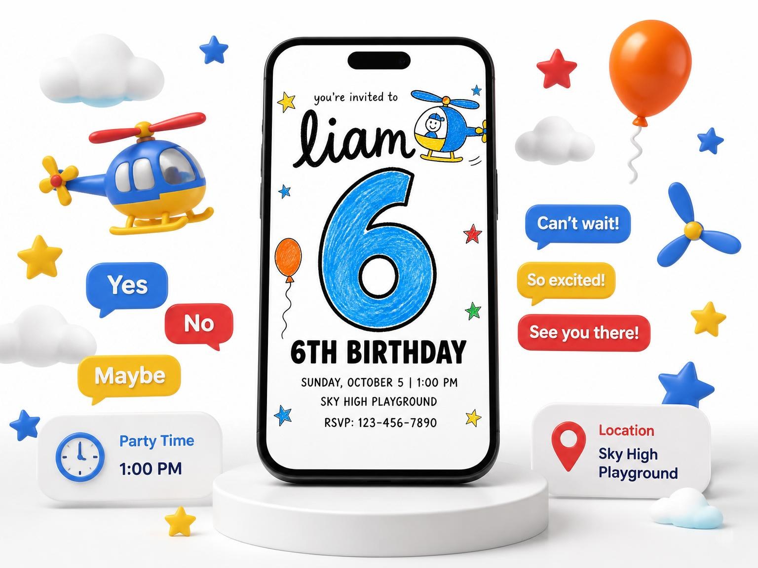 The Blue Crayon Helicopter 6th Birthday invitation on a phone, with guest RSVPs arriving around it