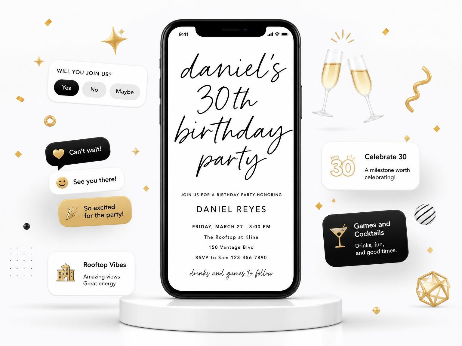 The Black Script Minimalist Birthday Invitation invitation on a phone, with guest RSVPs arriving around it