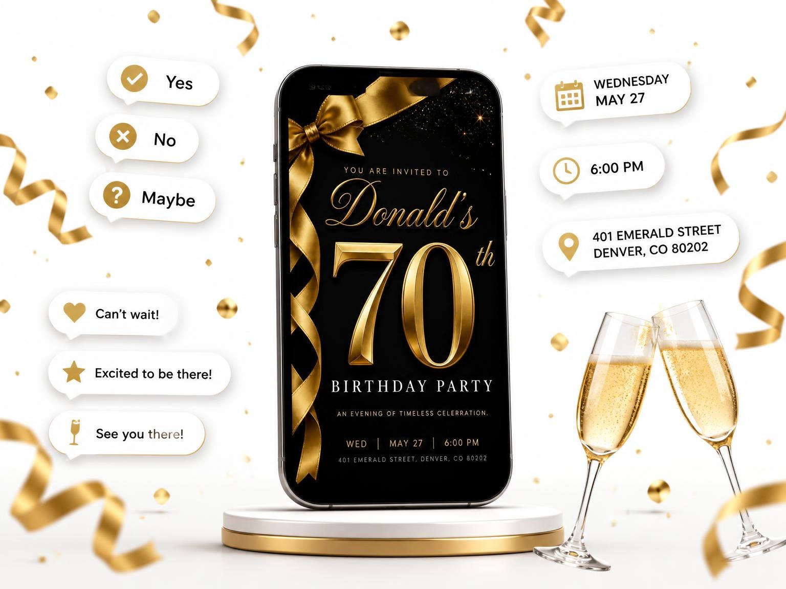 The Black and Gold Ribbon 70th Birthday invitation on a phone, with guest RSVPs arriving around it