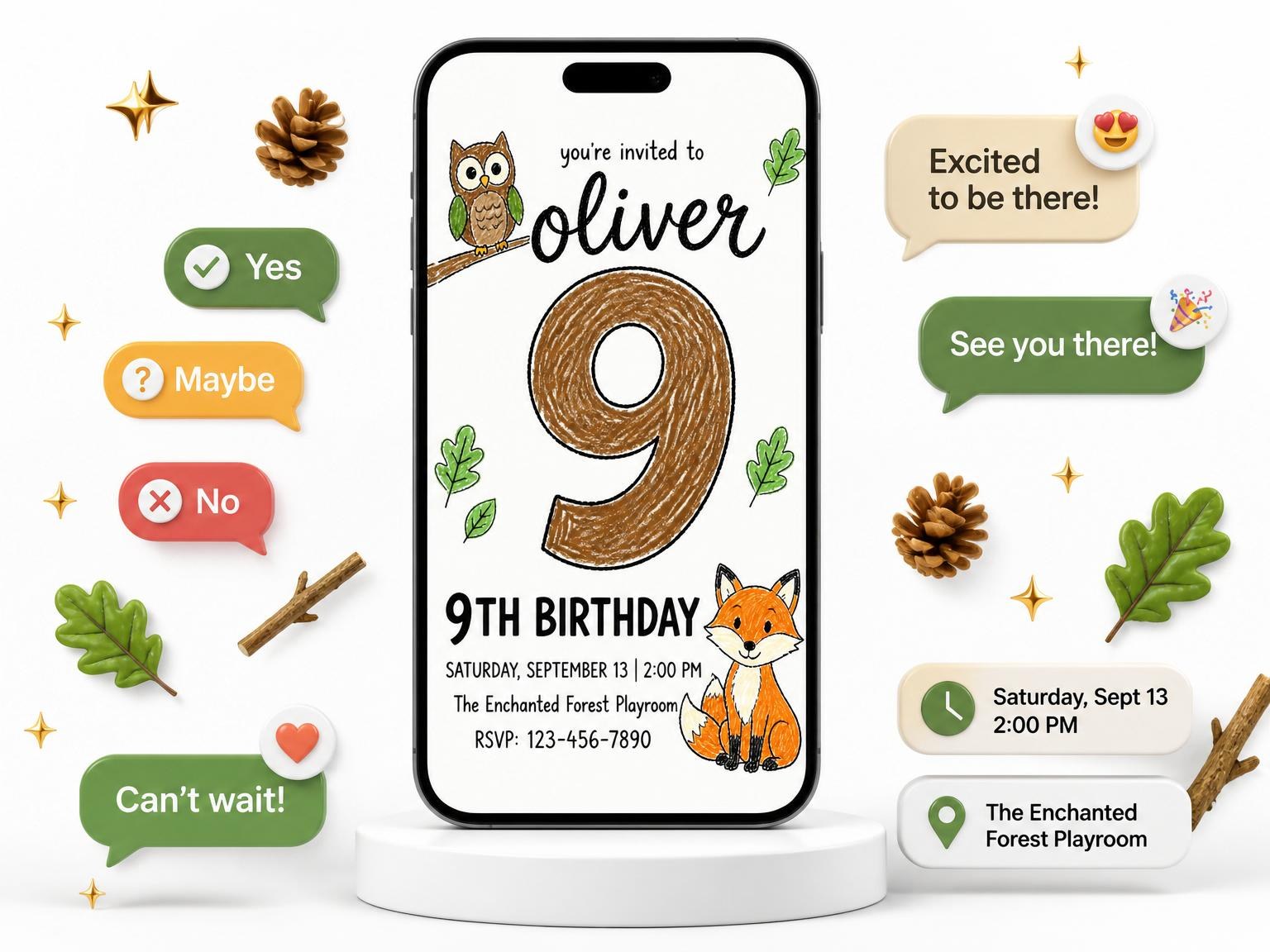 The Crayon Woodland Animal 9th Birthday Invitation invitation on a phone, with guest RSVPs arriving around it