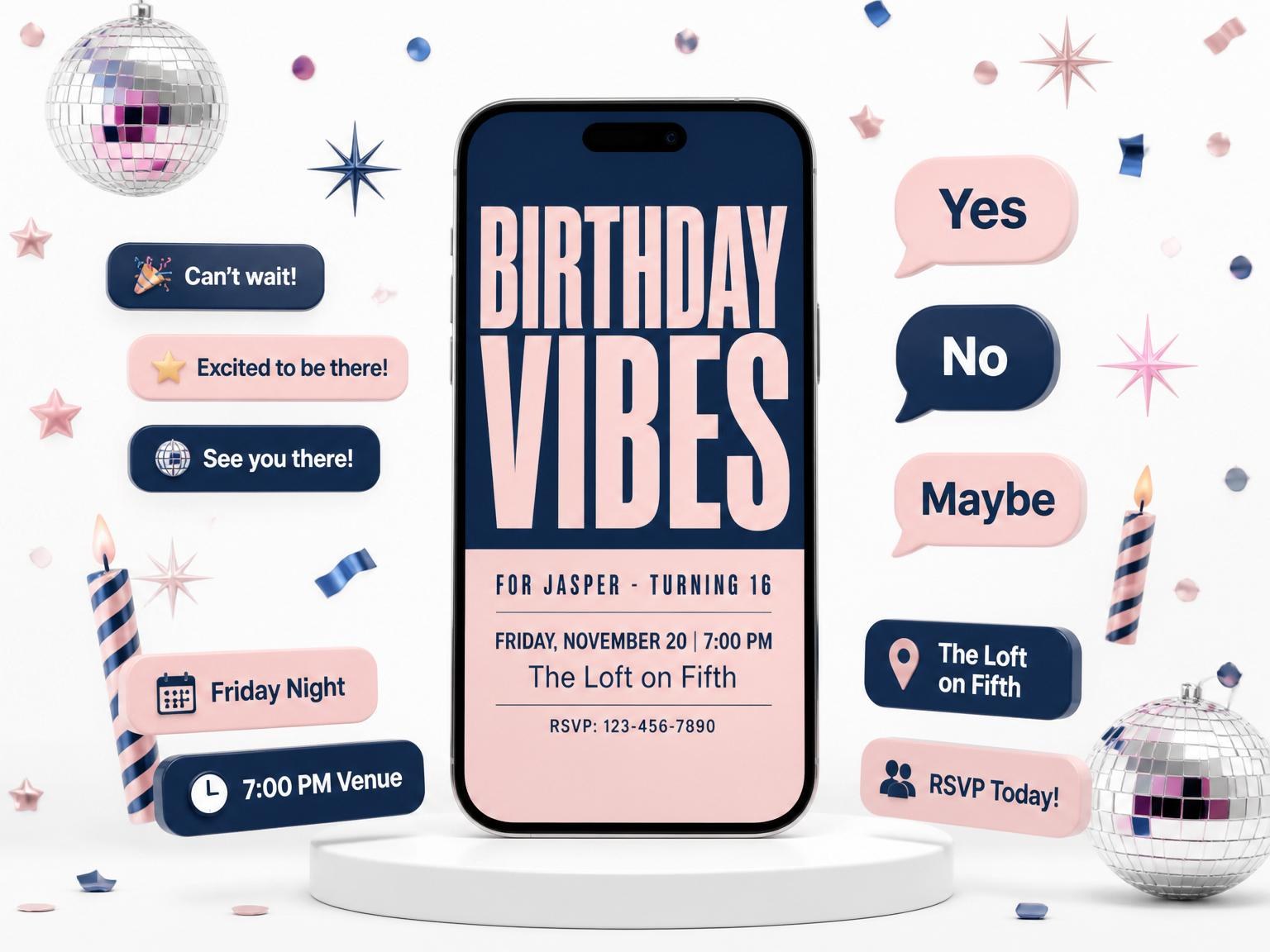 The Navy and Blush Typography Birthday invitation on a phone, with guest RSVPs arriving around it