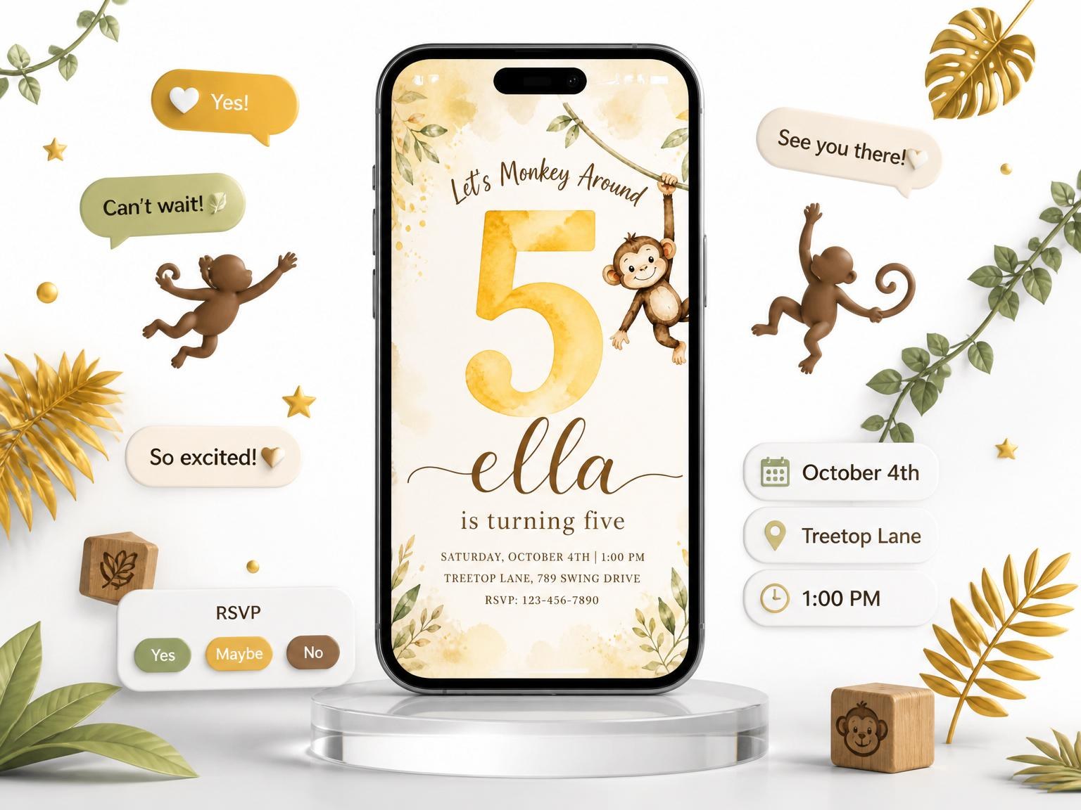 The Watercolor Jungle Monkey 5th Birthday invitation on a phone, with guest RSVPs arriving around it