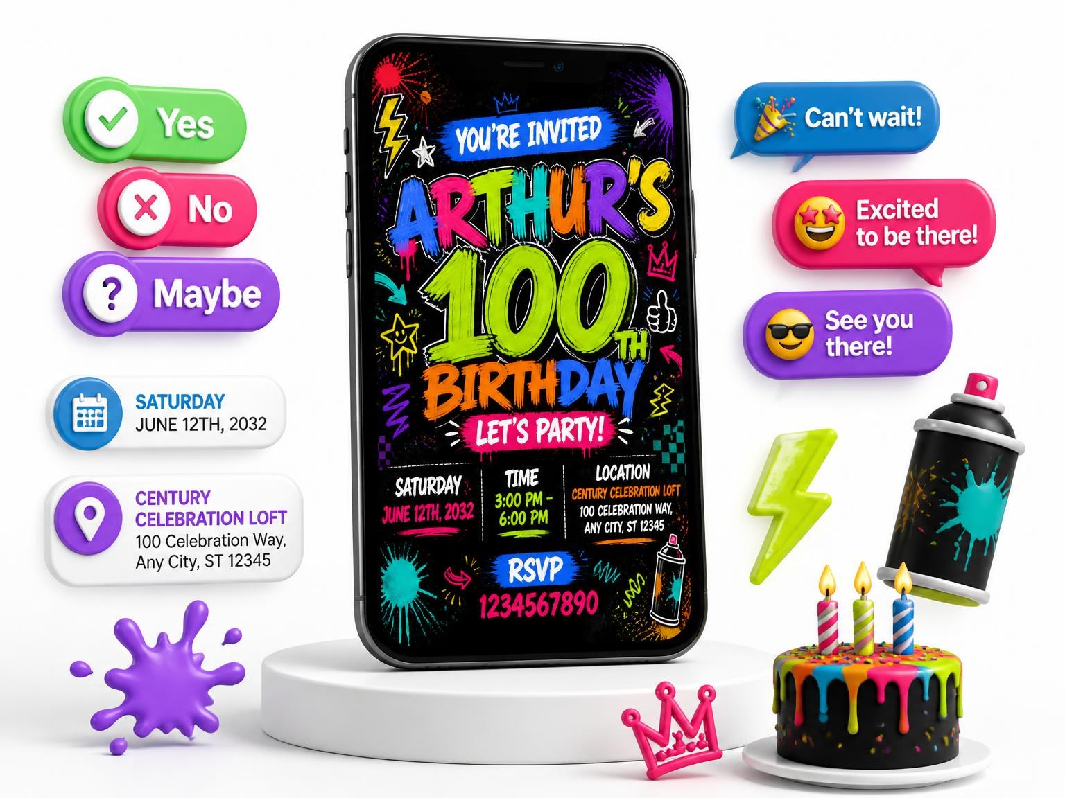 The Graffiti Street Art 100th Birthday Invitation invitation on a phone, with guest RSVPs arriving around it