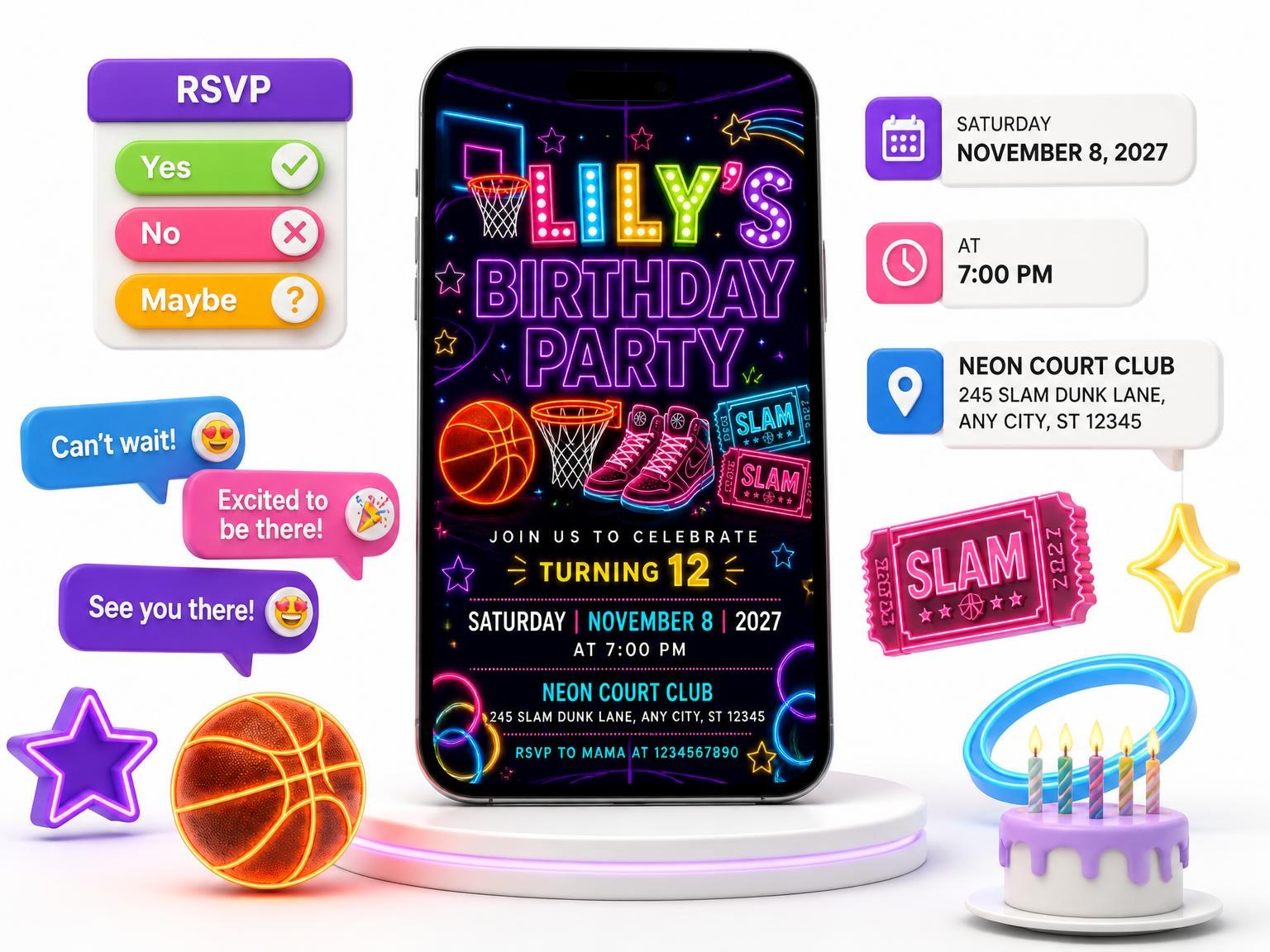 The Neon Basketball 12th Birthday Invitation invitation on a phone, with guest RSVPs arriving around it