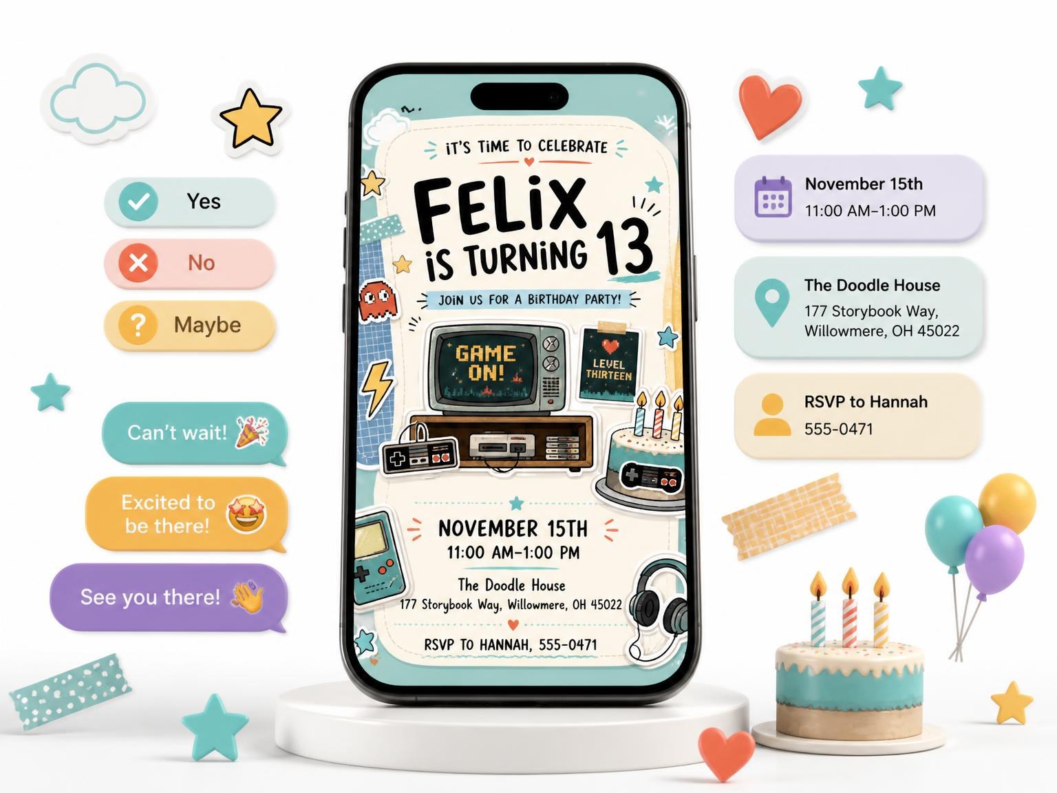 The Pastel Retro Gaming 13th Birthday Invitation invitation on a phone, with guest RSVPs arriving around it
