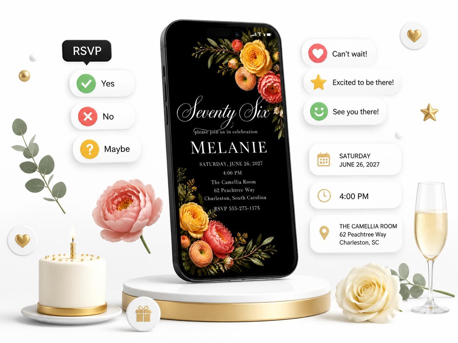 The Black Floral 76th Birthday Invitation invitation on a phone, with guest RSVPs arriving around it