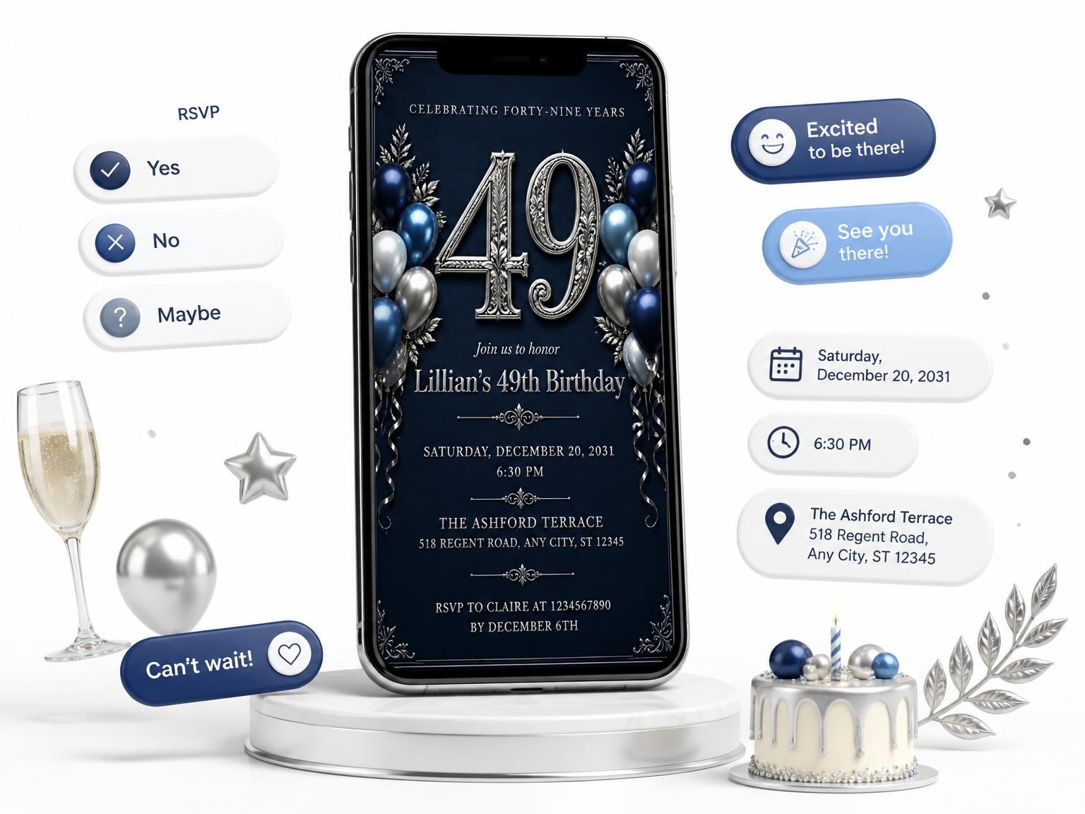 The Navy and Silver 49th Birthday Invitation invitation on a phone, with guest RSVPs arriving around it